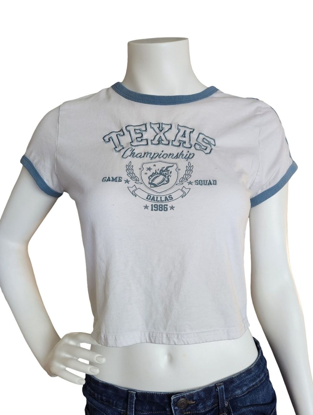 Rue21 White Texas Graphic Cropped Baby Tee Blue Trim Ringer Top